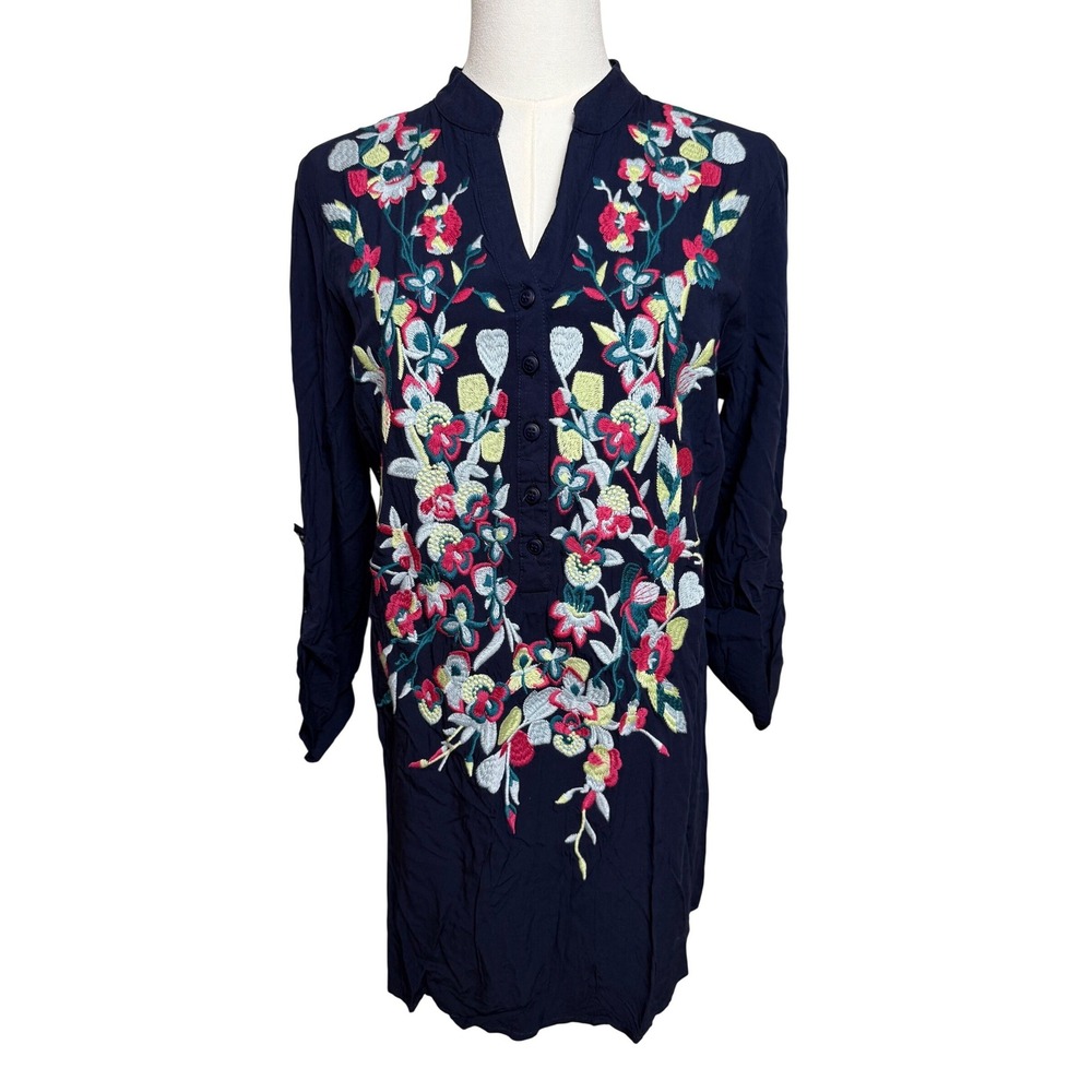 Solitaire Navy Blue Floral Embroidered Rayon Tunic Top‎ Boho Roll Tab Sleeve S